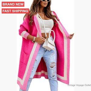 Oversized Hooded Cardigan Sweater with Pockets, Open Front, Long